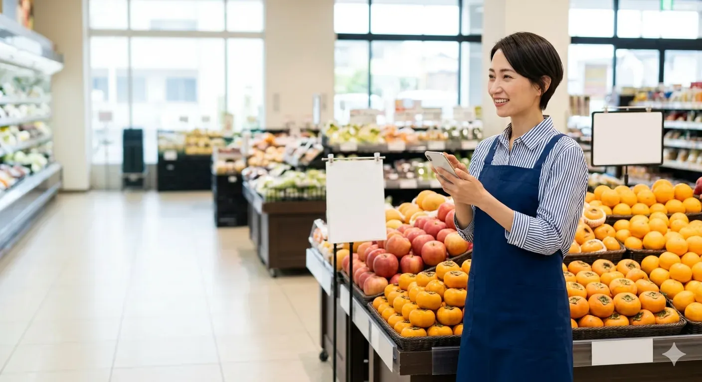 スーパーの売り場でスマートフォンを手に微笑むエプロン姿の店舗スタッフ