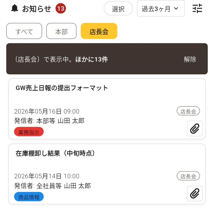 アラモの受信一覧。上部に「すべて」「本部」「店長会」のチップが並び、「店長会」を選んだ状態。その下に「〔店長会〕で表示中。ほかに13件」の帯と解除リンクが出ており、各お知らせの右側に宛先の〔店長会〕が表示されている