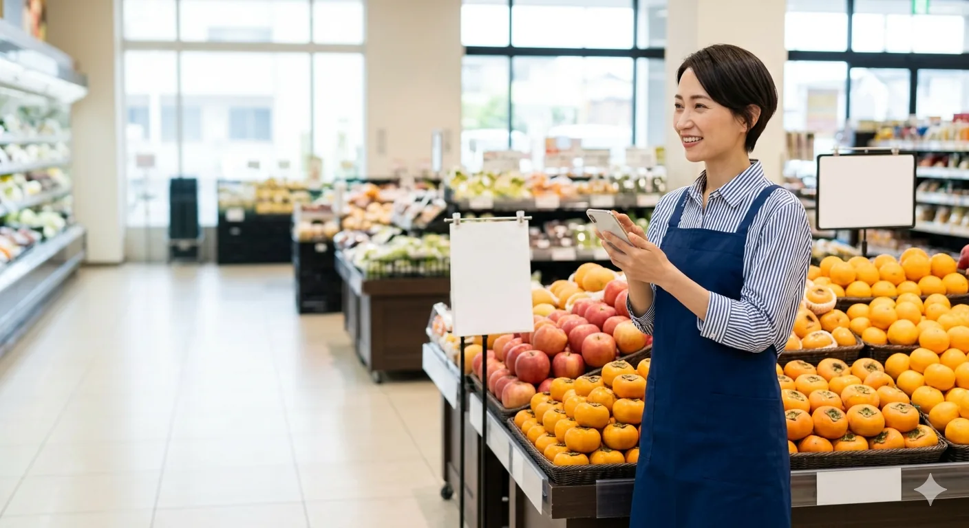 スーパーの売り場でスマートフォンを手に微笑むエプロン姿の店舗スタッフ