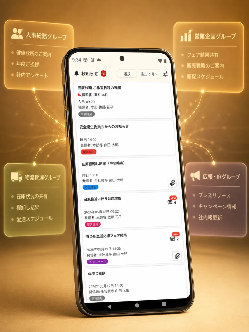 カテゴリとグループで分類されたホーム画面
