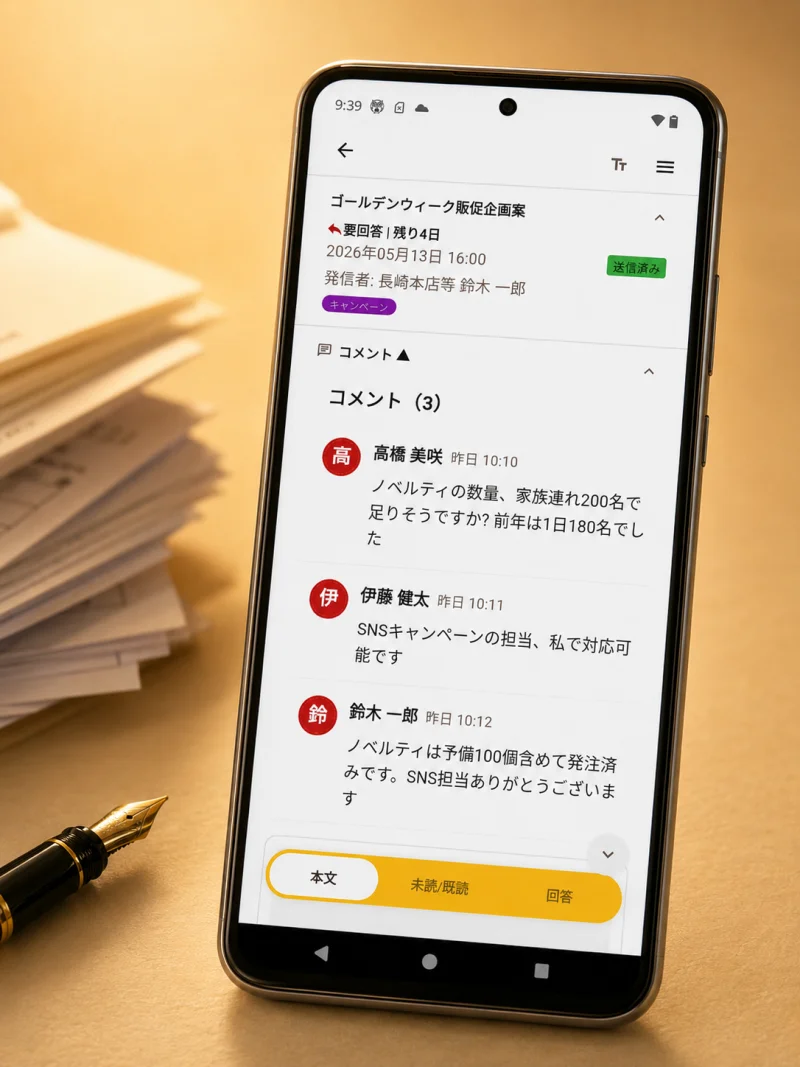 お知らせ詳細にコメントがスレッド状にぶら下がっている画面